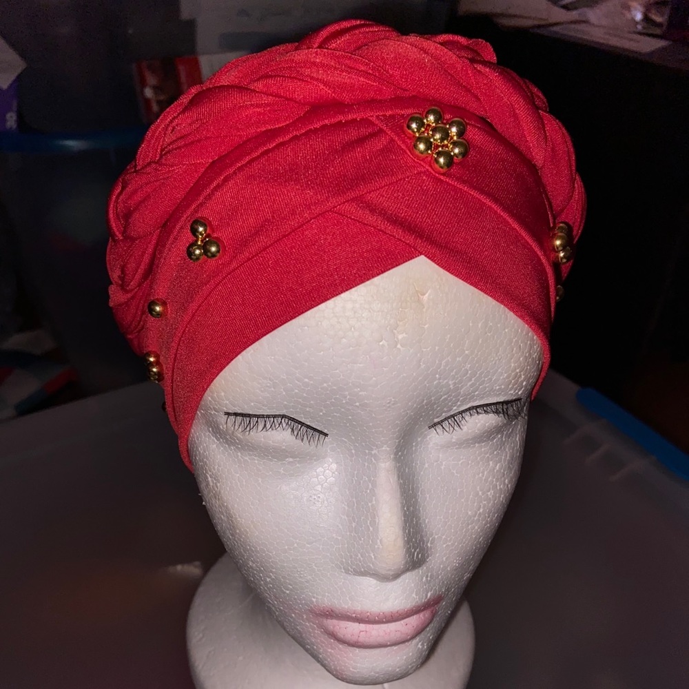 Red Braided Turban w/ Gold Beads